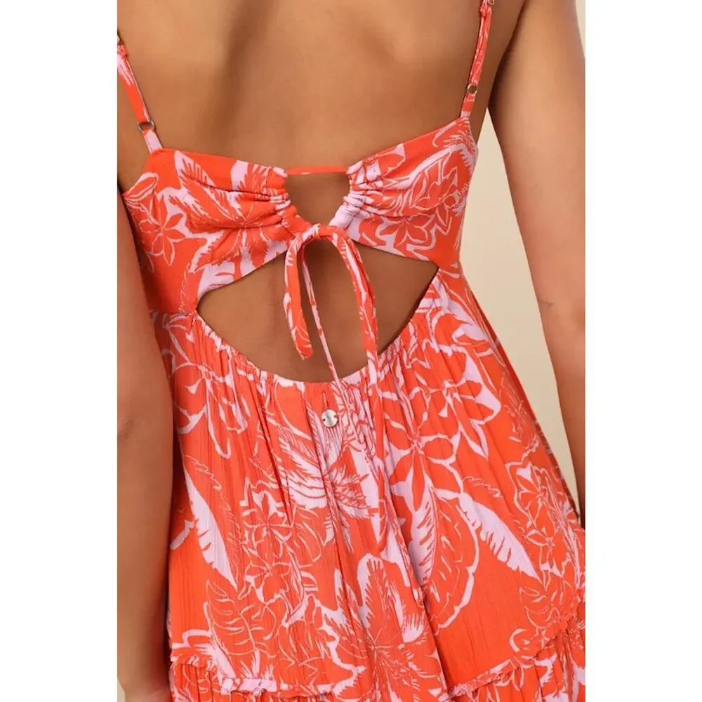 NWT Roxy Warm Rays Coral Tropical Print Tiered Tie-Back Maxi Dress M - Picture 5 of 5